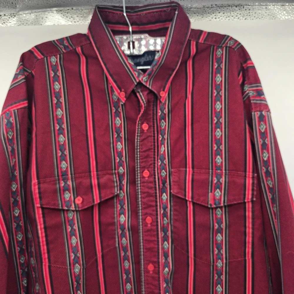 VTG Wrangler Shirt Mens XL Red Aztec Tribal X Long Tail Western Cowboy 17 1/2 35